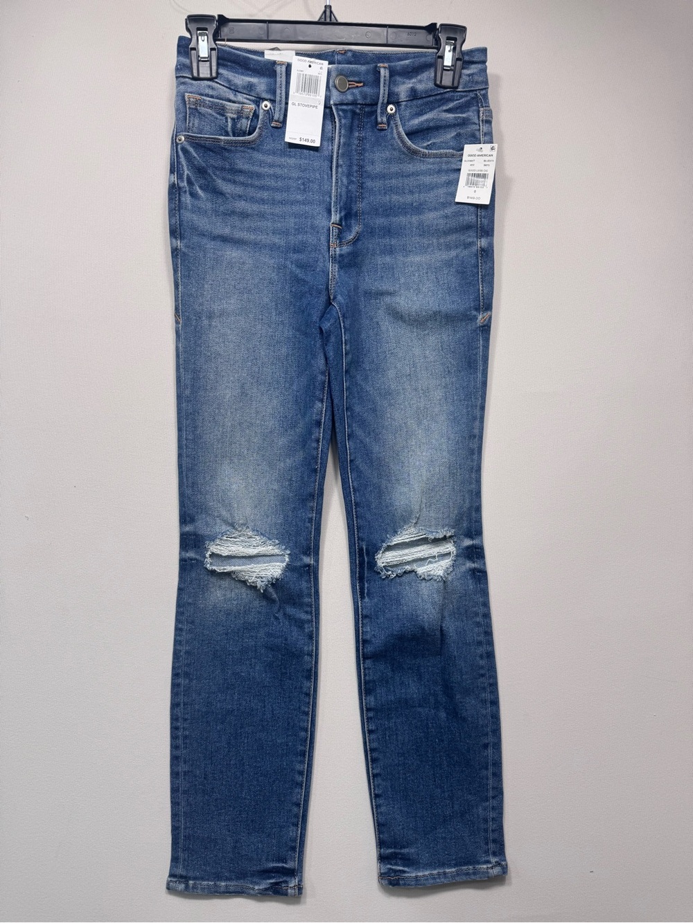Good American Straight Leg Distressed Blue Jeans NWT